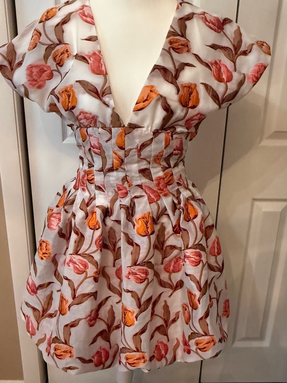 V-Neck Floral Fit-and-Flare Dress in pink and orange.
